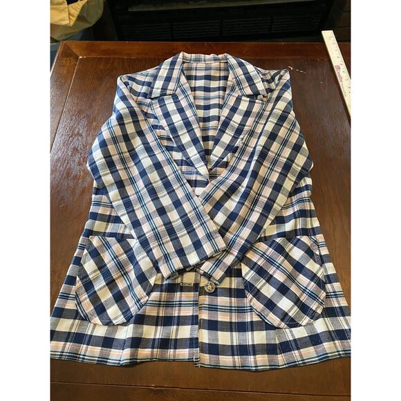 Avon Family Fashions Plaid Linen Open Jacket VTG Button Up Pink & Blue Cottage - Picture 11 of 11
